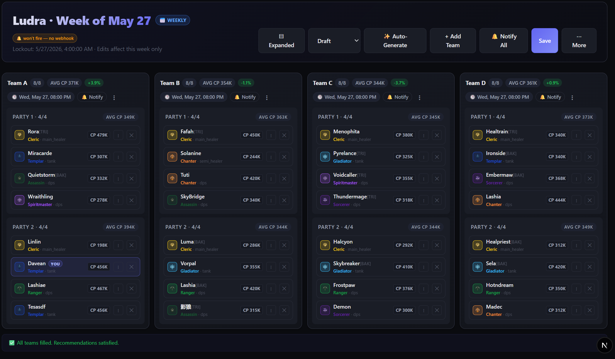 Aether Sync Team Builder with four balanced raid teams